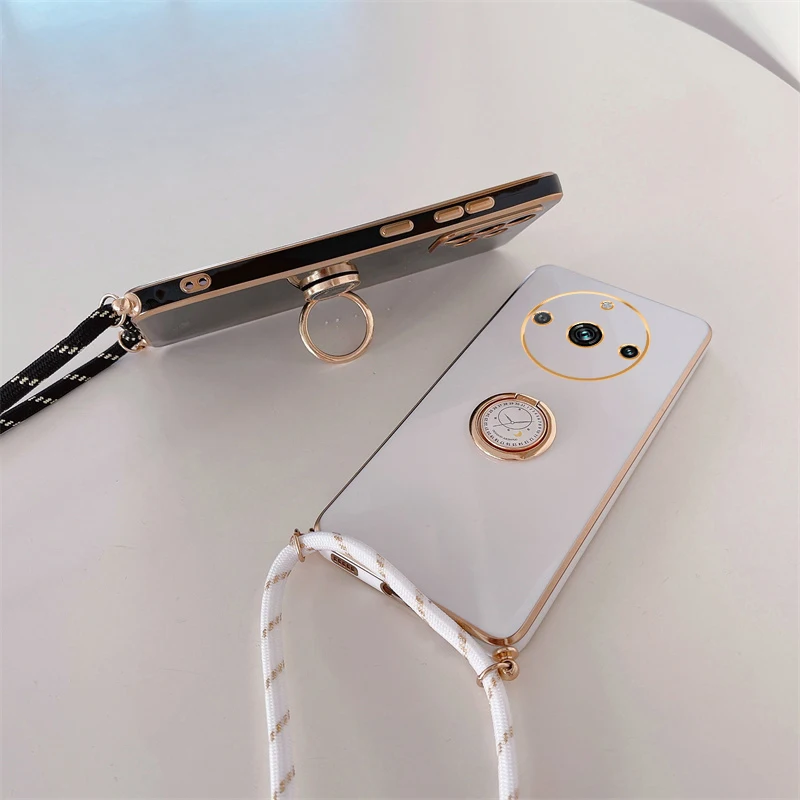 Luxury Plating Ring Holder Crossbody Lanyard Phone Case with Cord Strap Cover