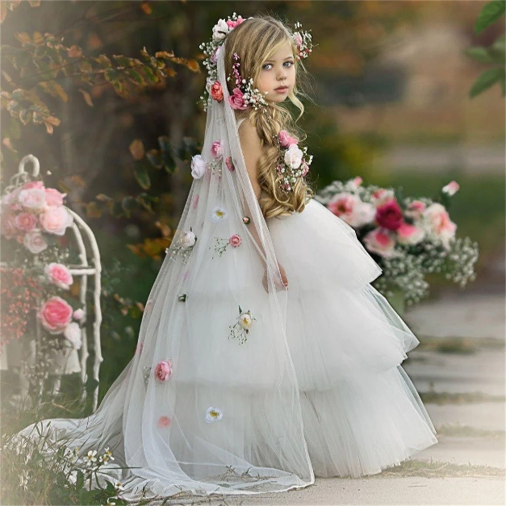 

Holy First Communion Dresses Sleeveless Tulle Lace Layered Flower Girl Dress Princess Ball Kids Surprise Birthday Present