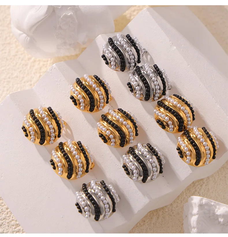 Gotische Schwarz-Weiße Kunstperlen-Ohrringe Damen Edelstahl Vergoldete Statement-Ohrstecker Sommer-Schmuck Accessoires – Detail 10