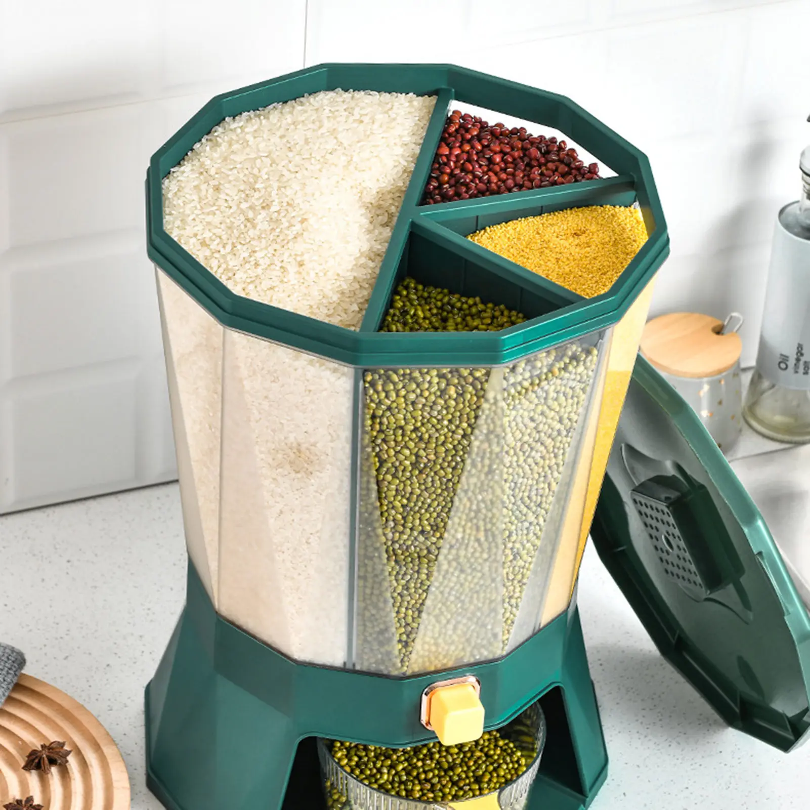4 Grid Rice Dispenser Cereal Storage Container With Large Dry Food Container, Transparent 4 Compartments And Candy Rotating Base