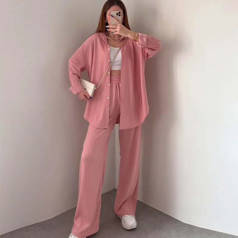 

2 Piece Matching Sets for Women Casual Loose Outfit Wide Leg Pants Y2k Pleated Button Up Blouses Korean Tracksuit Pink Shirts