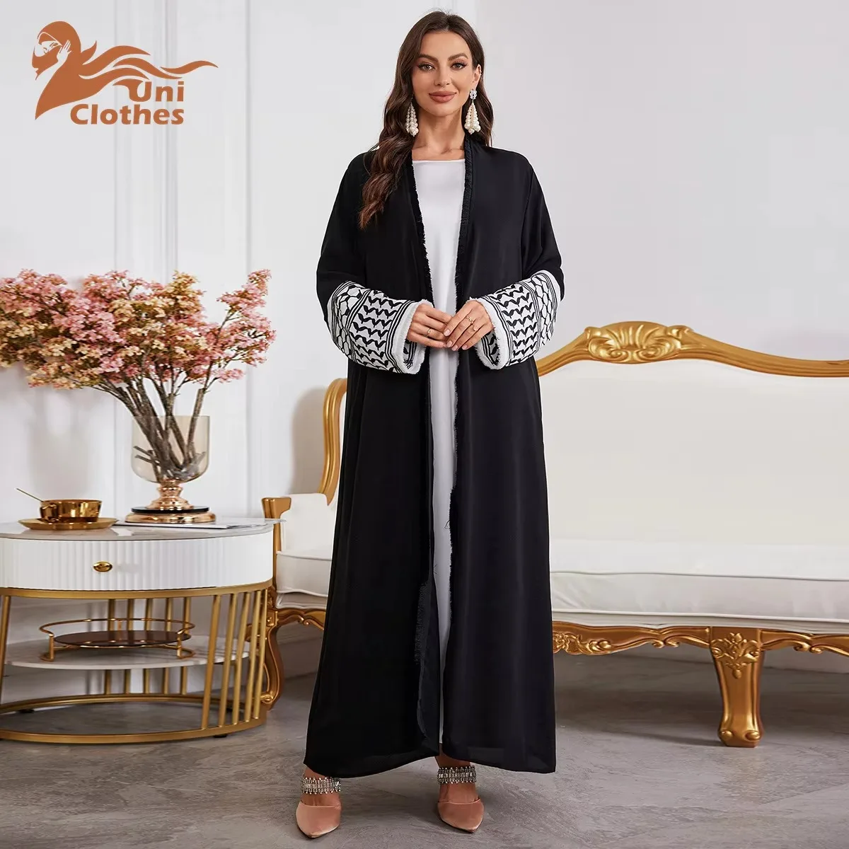 UNI Ramadan Abaya Kimono Keffiyeh Embroidery Tassels Muslim Open Abayas Women Dubai Luxury Islam Cardigan Dress Kaftan - Image 2