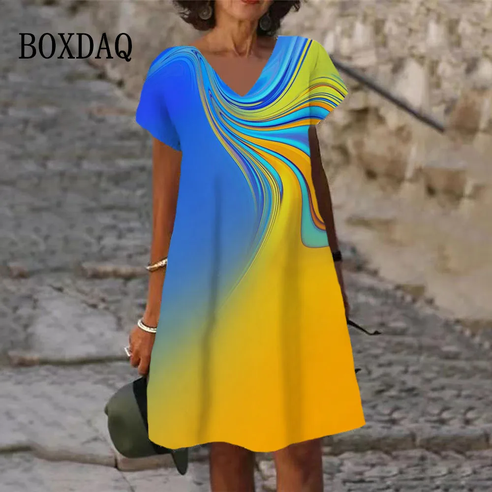 Tie Dye Rainbow Print Women Dress Elegant Sweet Casual Short Sleeve V-Neck A-Line Dress Summer Fashion Oversized Clothing Ladies
