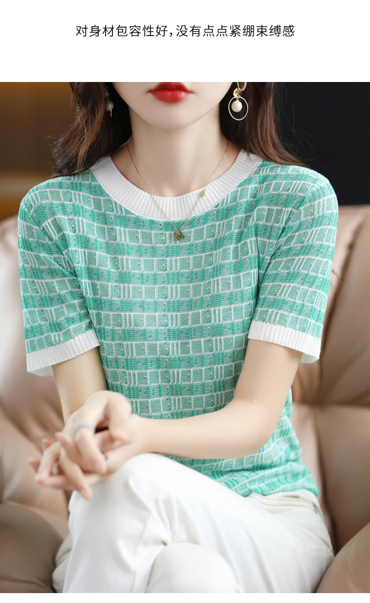 new Ice silk knit short sleeve women's matching color blouse thin cotton thread T shirt summer loose cotton linen half sleeve