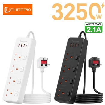 UK Plug AC Power Strip 3250W 1.8m Extension Cord Independent Switch Multitap Outlet Network Filter With USB C Ports Charging 1