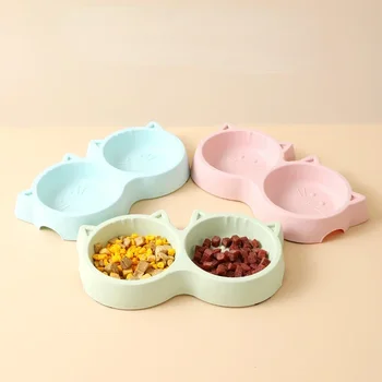 Pet Cat Double Bowl Eco-friendly PP Material Cartoon Cat Face Shape Food Water Feeding Bowl Non-slip Puppy Cat Feeder Supplies 3