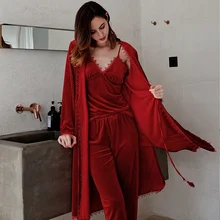 

Burgundy 3PCS Pajamas Set Women Winter Nightwear Velour Sleepwear Kimnon Bathrobe Gown Sexy Home Clothing Long Sleeve Nightwear