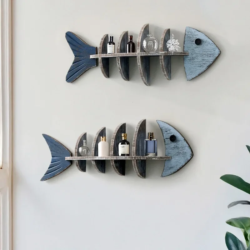 Nordic Style Wall Wooden Fish Row Shelf Cafe Living Room