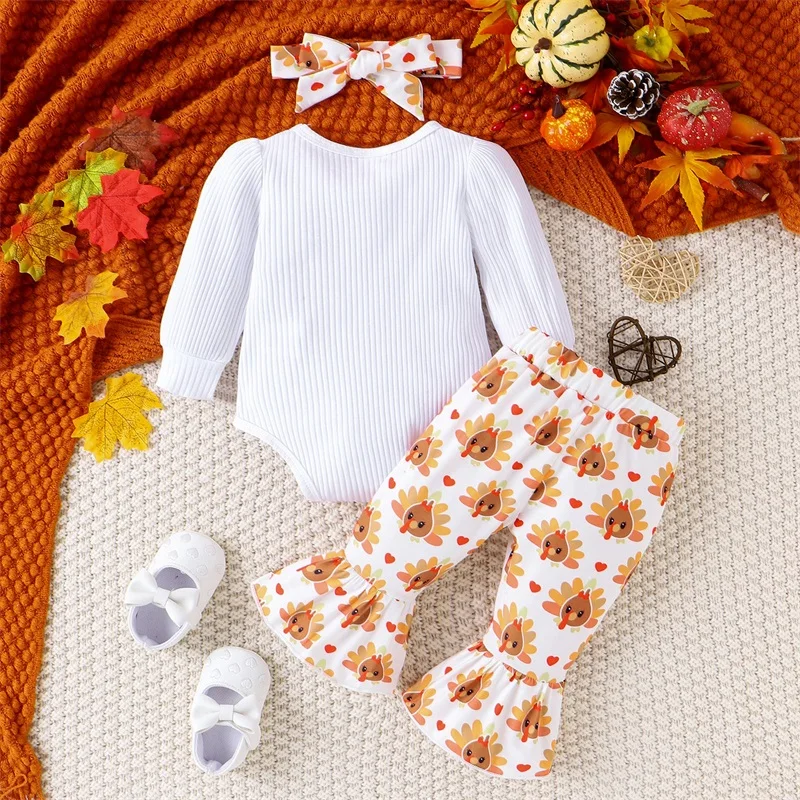 

My First Thanksgiving Baby Girl Outfit Long Sleeve Turkey Romper Flare Pants Headband Set Newborn Fall Clothes