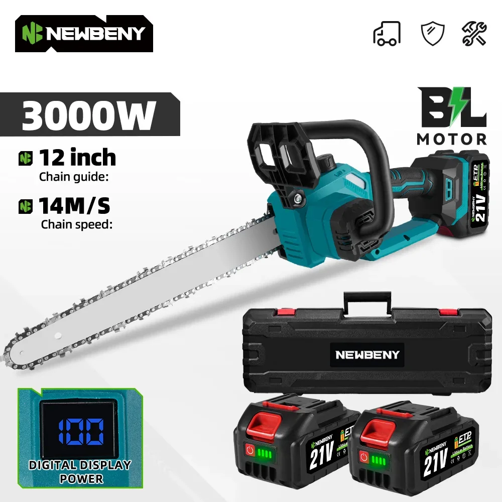 Electric Chainsaw Electric Saw NEWBENY 12 Inch 3000W Brushless Electric Chainsaw Logging Pruning Woodworking Garden Power Tool For 21V 18V Battery