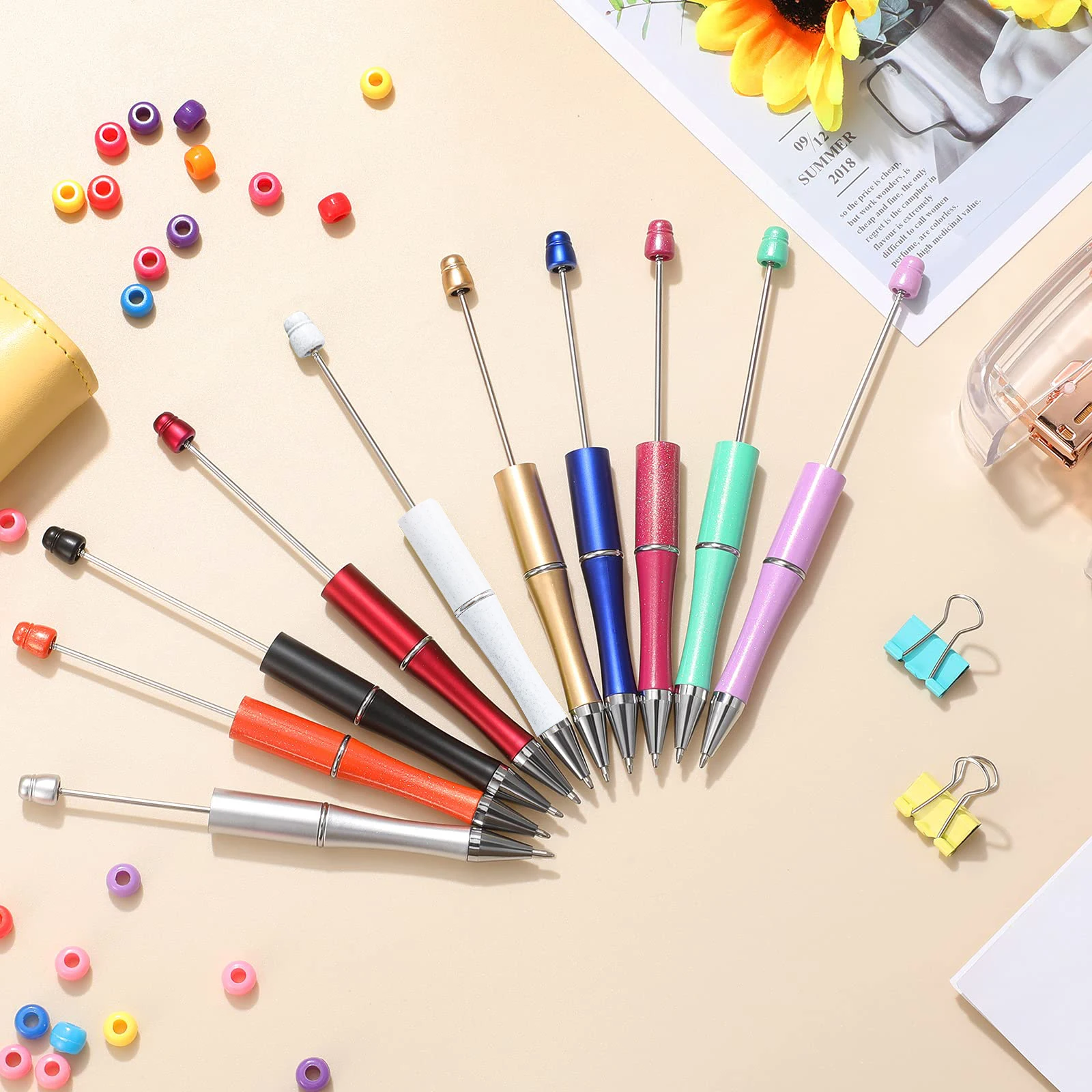 50Pcs Beadable Pens Plastic Bead Pens for Student School Office DIY Making Gift