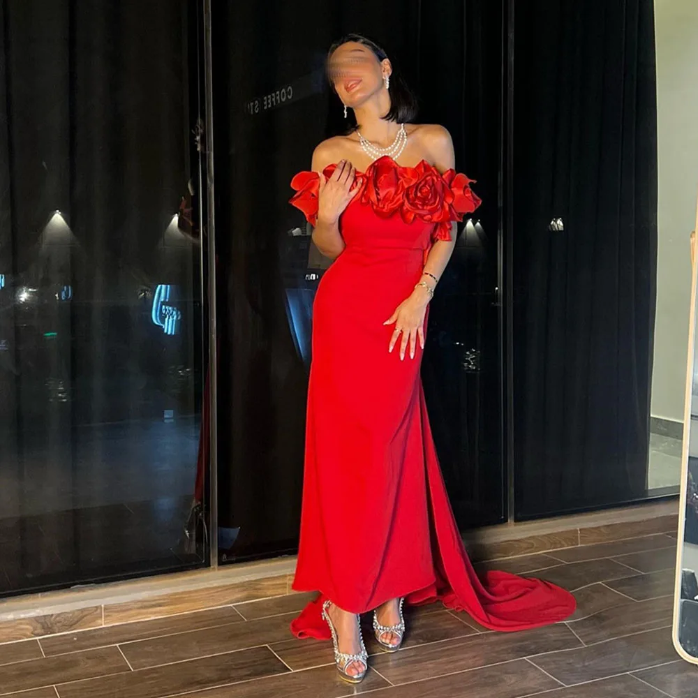 Formal Boat Neck Flowers Pleats Straight Women Evening Dresses Draped Backless Off The Shoulder Ankle-Length Prom Gowns