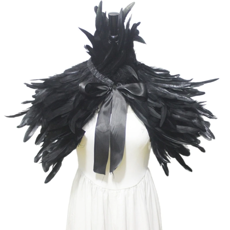 

Victorians Feather Shrug Shawl Shoulder Wrap Capelet Collar Gothic Halloween Cosplay Party Adjusted Tie Belt for Women