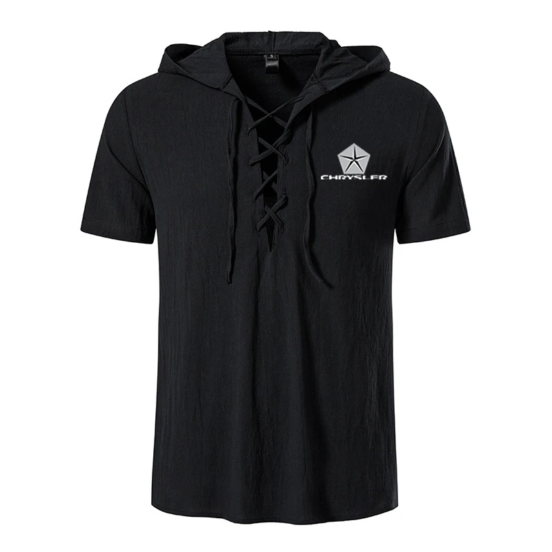 Chrysler 2023 Men's Linen Shirts Summer style Solid color V-Neck Casual comfortable Breathable Hooded Short Sleeve Blouse tops