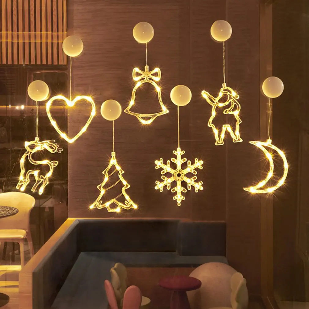 

New Christmas Bell Snowman Star Lights Holiday Window Decor LED Sucker Lights Battery Powered Xmas Garland for Home Decor Lamps