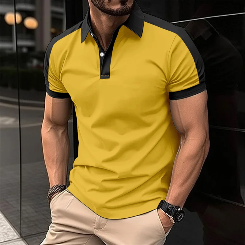 Man wearing a 6XL short sleeve patchwork polo with bold 3D print, standing confidently in a sunny urban setting with sneakers and shades yellow
