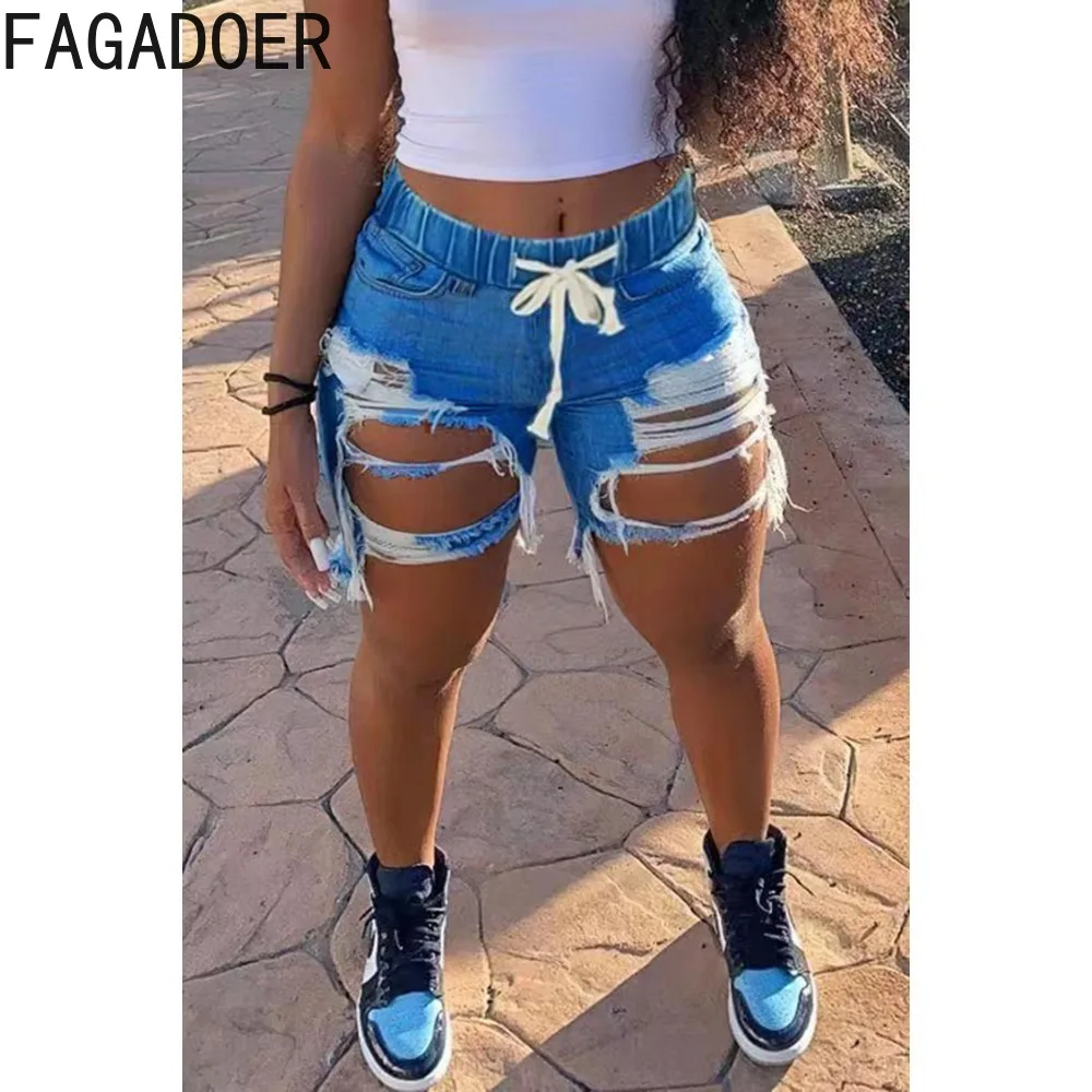 FAGADOER Fashion Streetwear Women High Waist Drawstring Lace Up Hole Denim Shorts Casual Female Elasticity Skinny Shorts Bottoms