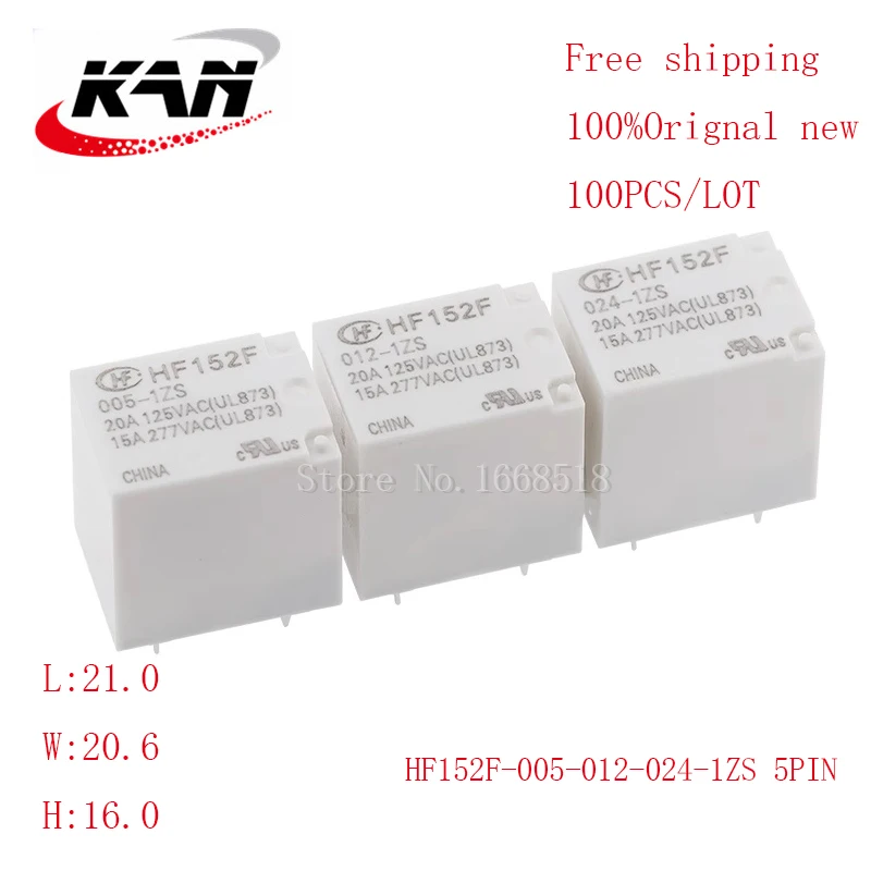 

Free shipping 100pcs relay HF152F-005-1ZS HF152F-012-1ZS HF152F-024-1ZS 5VDC 12VDC 24VDC 15A 277VAC 5PIN Original New