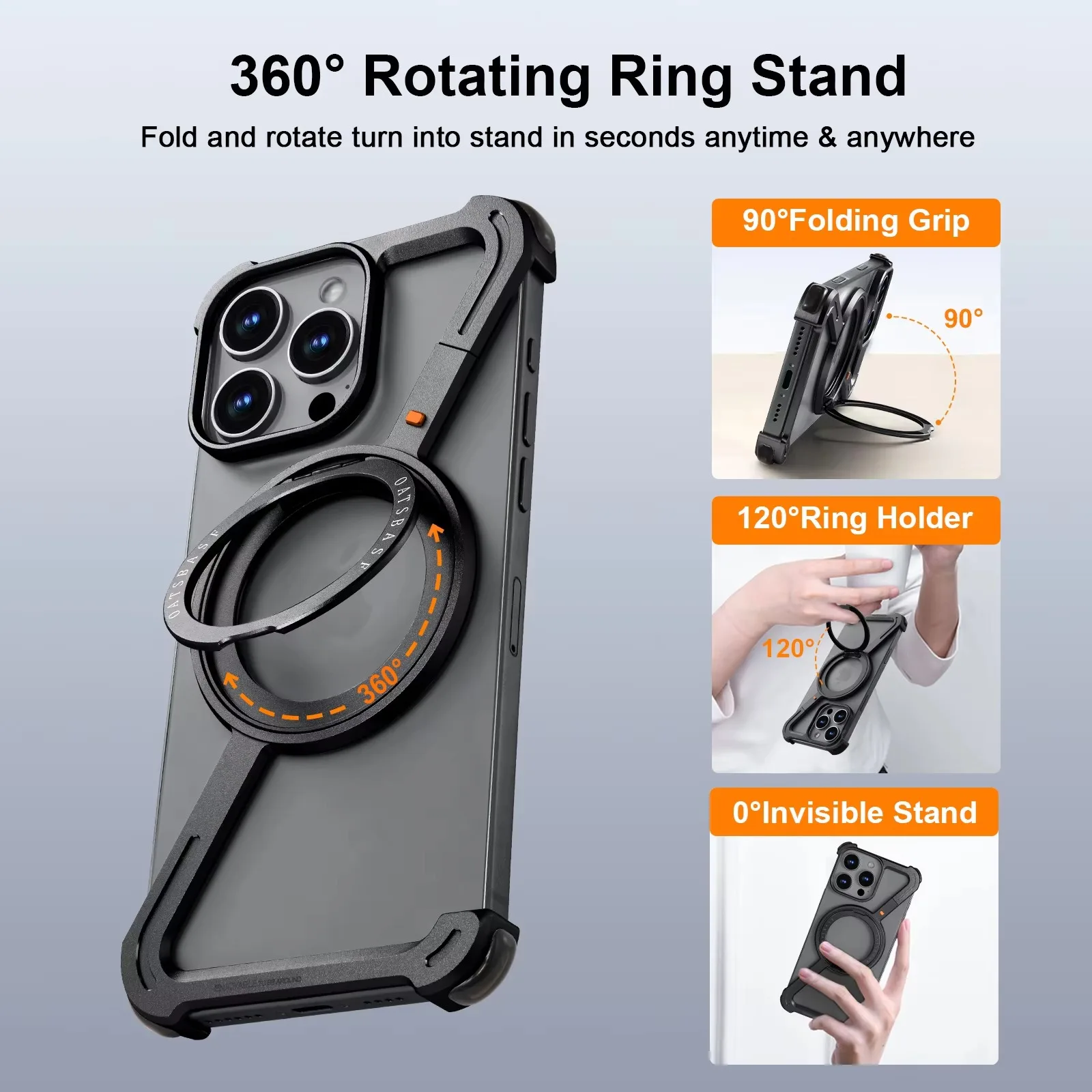 Eary Z Case for iPhone 16 15 14 13 12 Pro Max with Magsafe 360°Rotatable Magnetic Kickstand Metal Frameless Bumper Phone Cover