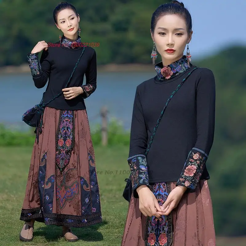 Traditional Chinese Vintage Shirt National Flower Embroidered Stand Collar Shirt Oriental Fleece Lined Ethnic Base chinese dress