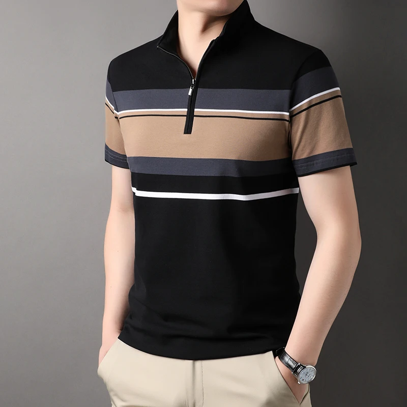 

Top Grade Yarn-dyed Process Cotton Zipper New Summer Brand Striped Polo Shirt Short Sleeve Casual Tops Fashions Clothes Men