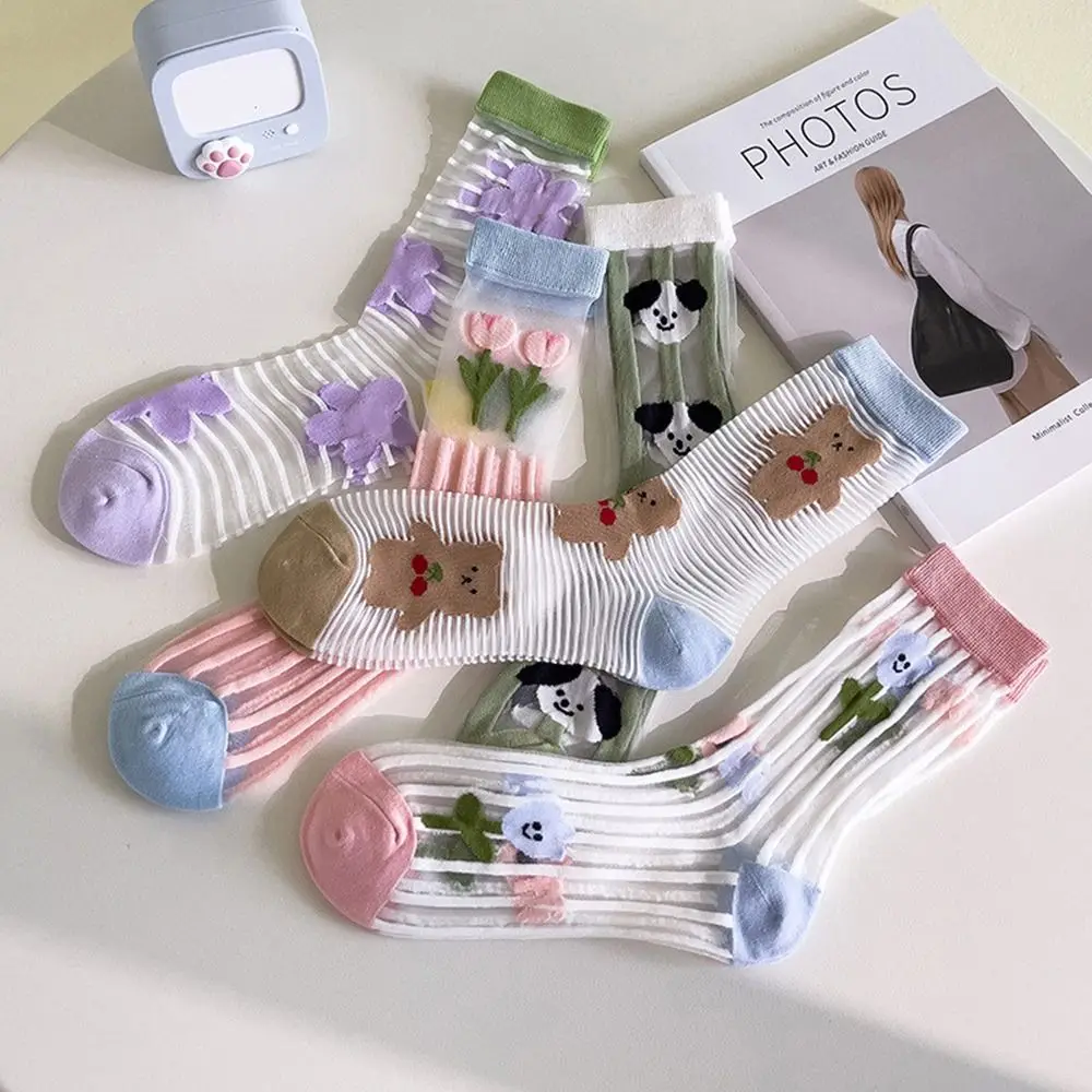 

Cute Retro Lovely For Women Summer Mesh Sweet Japanese style Glass Silk Socks Middle Tube Socks Female Hosiery Flower Socks