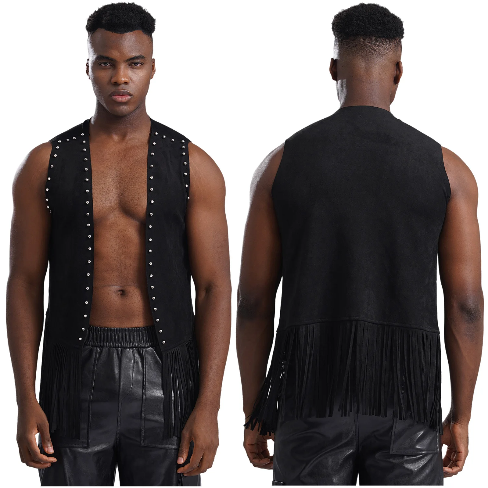 thumbnail image 1 of Chaleco holgado de talla grande con flecos para hombre, disfraz de Cosplay, remaches de gamuza sintética, chaqueta con borlas, chaleco largo metálico brillante con remaches, 1 of 5