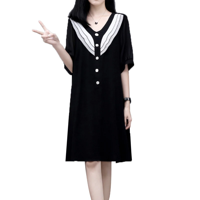 

Summer Casual Women Dress 2023 New Style Fashion V-neck Pullover Short-sleeve Dress Loose Large-size Covered Meat Dress