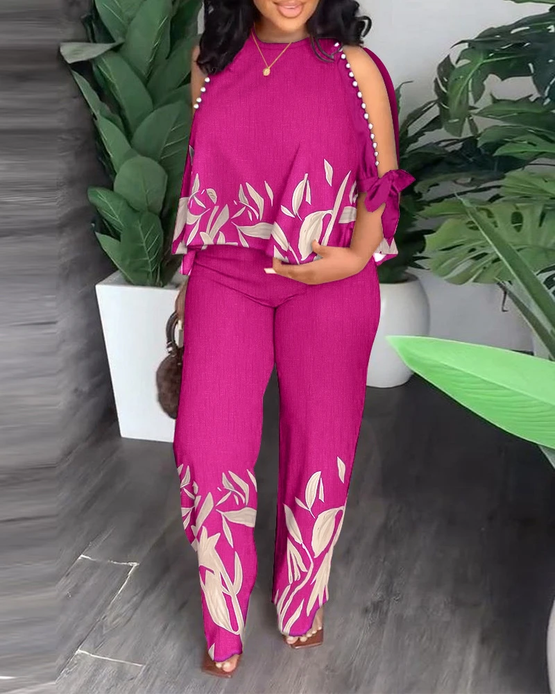 

STYLISH LADY Leaves Printed Beading 2 Piece Set Women Half Sleeve T Shirt and Pant Suits 2023 Summer Casual Loose Tracksuits