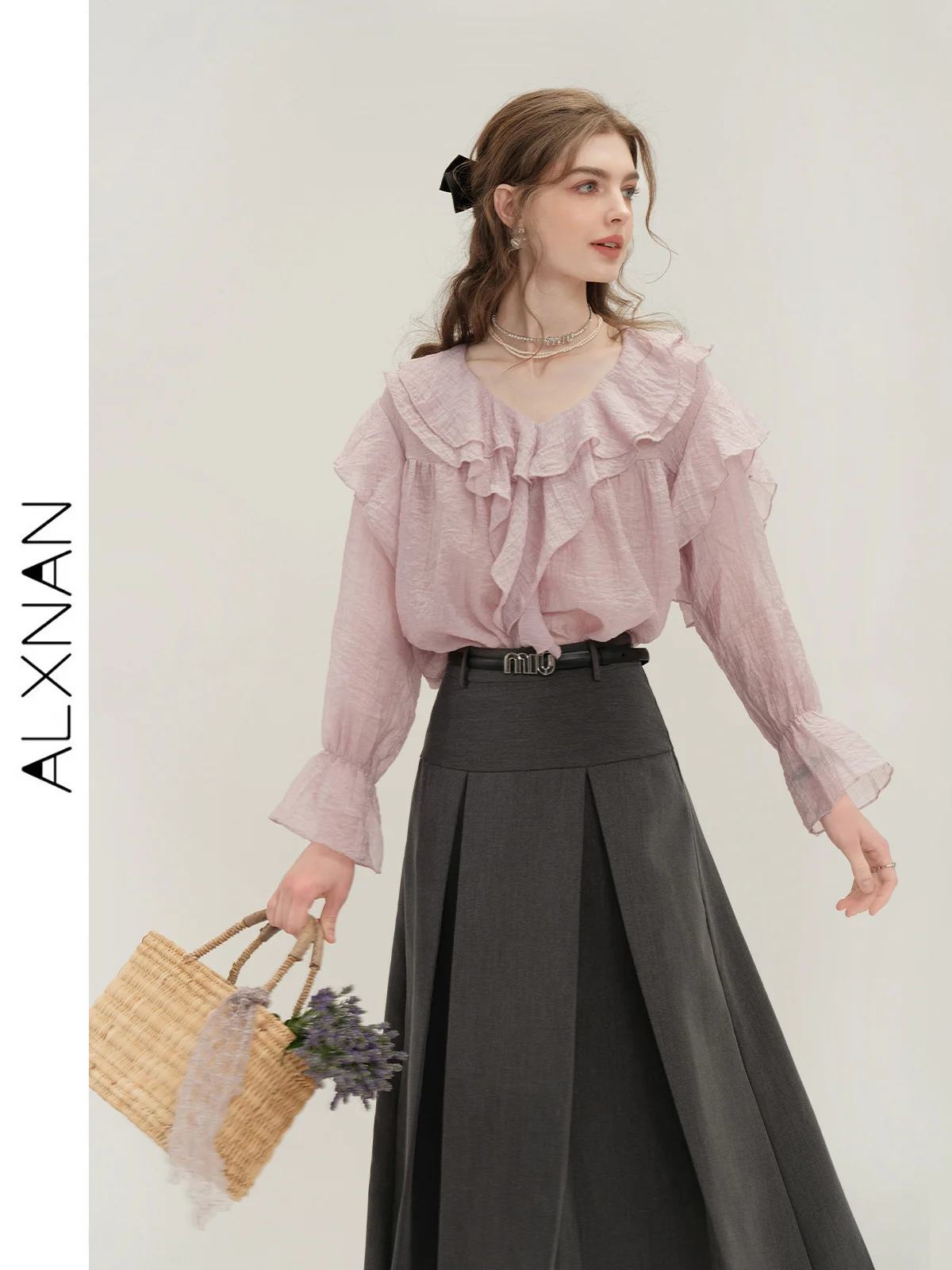 ALXNAN Elegant Ruffled Shirt Pleated Skirt Two-piece Set 2024 Spring Women's Temperament Long Sleeve Blouse Sold Separate T01205