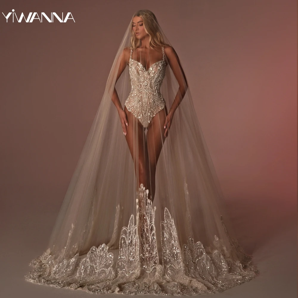 

Sexy Deep V-neck Spaghetti Straps Bridal Dress Sparkly Beads Crystal Wedding Gown Luxury Bodysuit Bride Robe Vestido De Novia