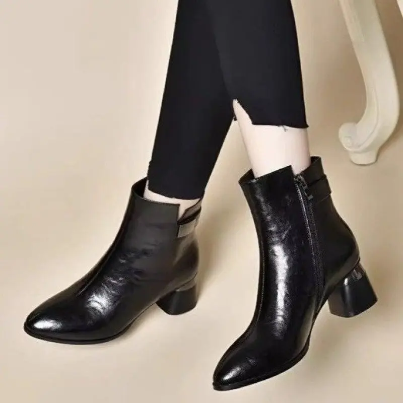 Women's Pionted Toe Ankle Boots Autumn New Side Zipper High Heel Shoes for Women Dress Office Chunky Heel Ladies Chelsea Boots