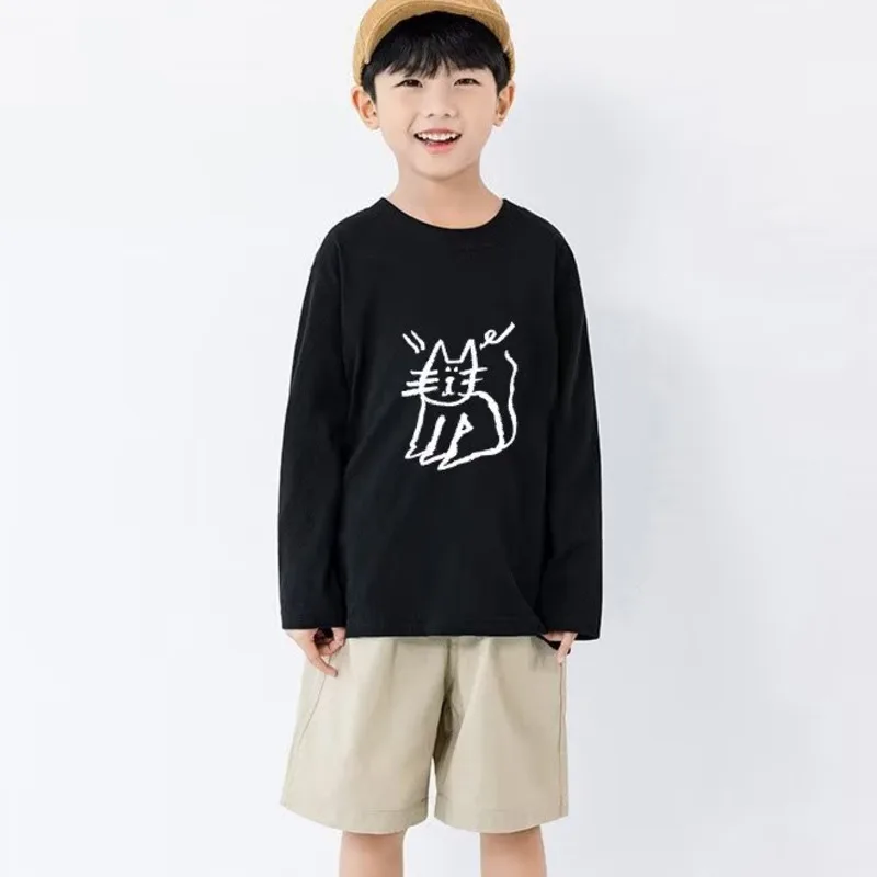 

Children's Autumn Print Graffiti Kitten Creative Painting Pure Cotton Long Sleeved T-shirt Autumn Men's Versatile Casual T Shir