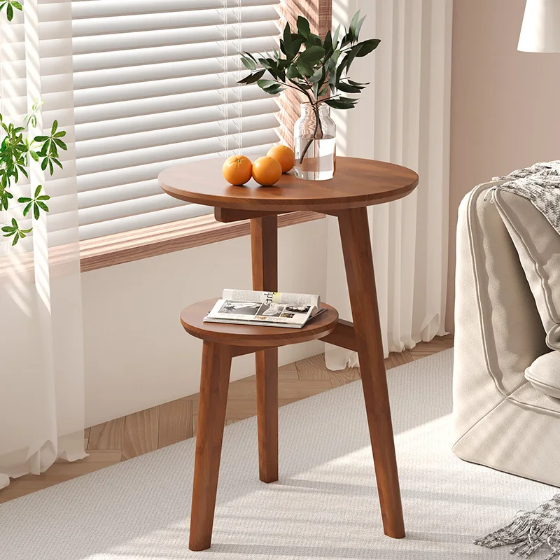 Creative Two Layers Coffee Table Sofa Side Bamboo Round Table Movable Living Room Balcony Corner Tables