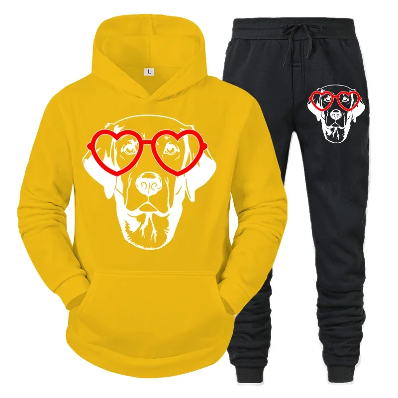 thumbnail image 1 of Conjunto de dos piezas con estampado de perro divertido y gafas de corazón para hombre, sudadera de manga larga a la moda de otoño y pantalones deportivos con cordón, 1 of 5
