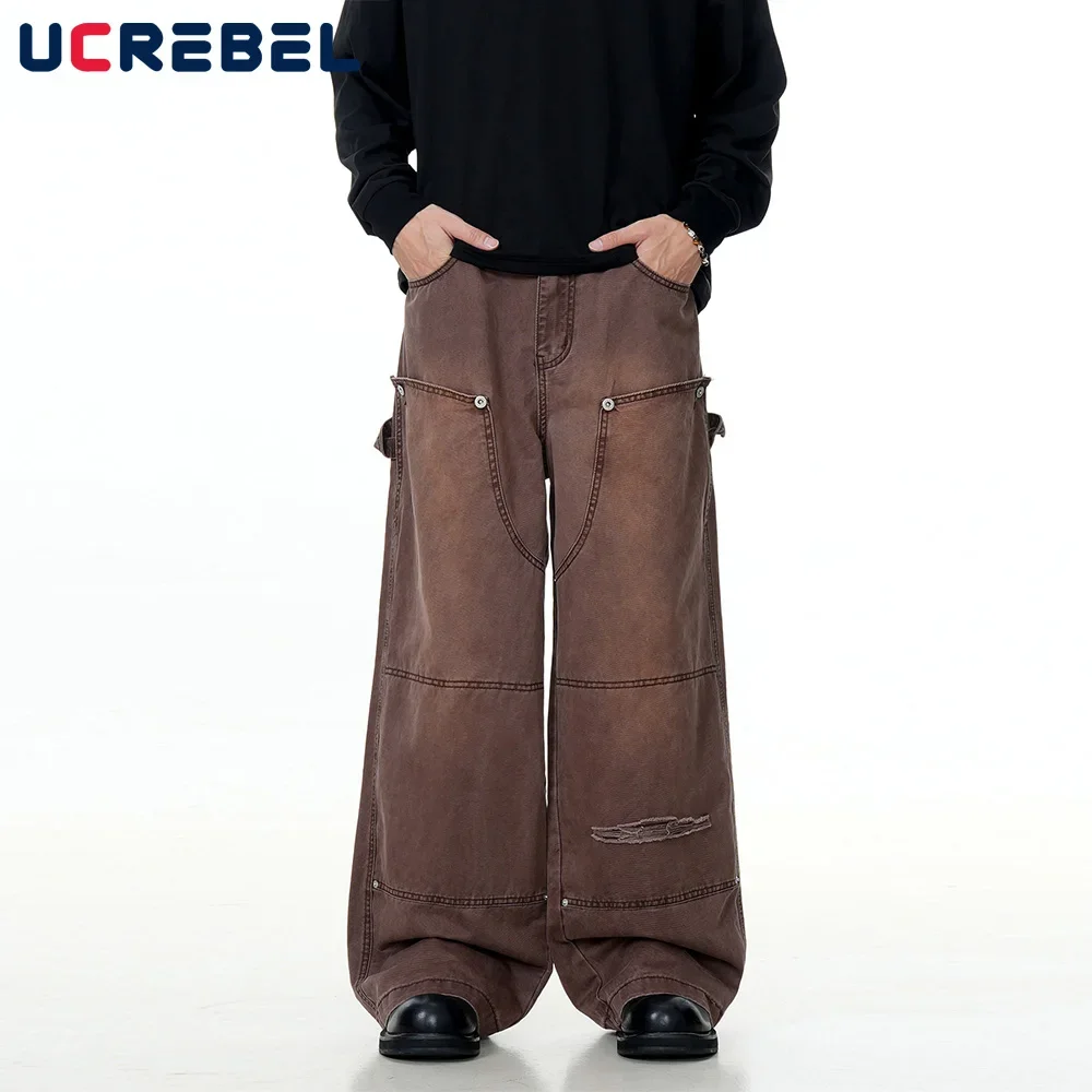 Removable Double Knee Denim Carpenter Pant Mens Retro High Street Straight Wide Leg Washed Distressed Jeans Men 2