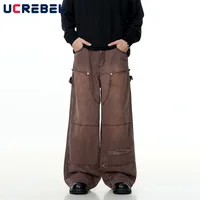 Removable Double Knee Denim Carpenter Pant Mens Retro High Street Straight Wide Leg Washed Distressed Jeans Men 2