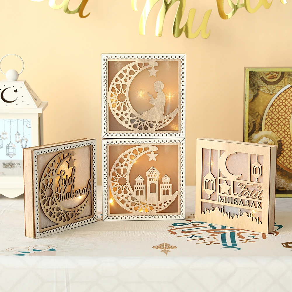 

Eid Theme Ramadan Wooden Photo Frame LED Light Sun Moon Star Palace Mubarak Wall Wood Decor Prop Islam Home Party Decoration2024