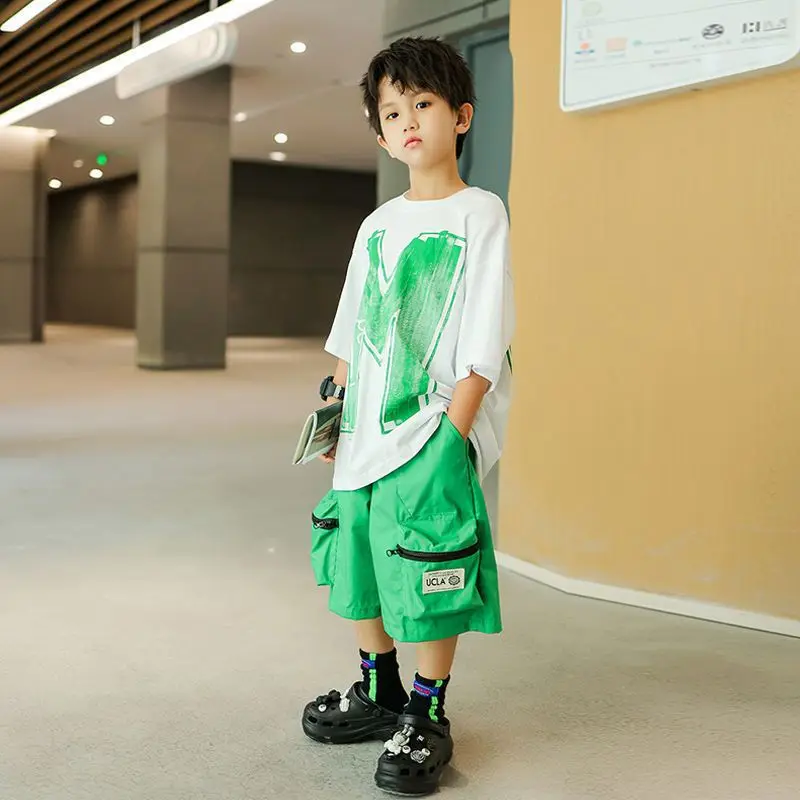 

2023 New Kids Tracksuits Summer Letter Big Boy Casual Sport Outfits Children Clothes Sets Clothing T-Shirt Shorts Set 4-14Yrs