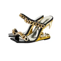 Big Gold Chain Peep Toe Tiger Teeth Heel Sandals 2024 New Fashion Silvery Beach Party Outdoors Women's Slippers Size 35-43 - Image 3