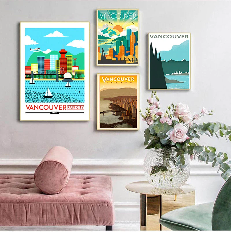 Rain City Canada Vancouver Map Vintage Retro Travel Classic Print Art Canvas Poster Per Soggiorno Decor Home Wall Picture