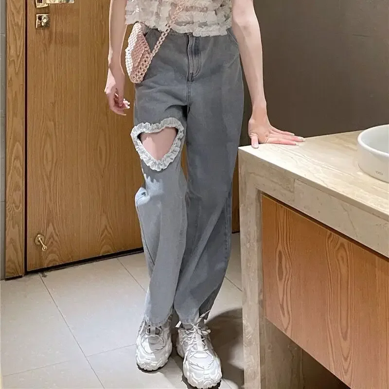 Harajuku Cyber Y2k Trousers Sweet Korean Style Kawaii Lace Stitching Jeans Women Love Hole Streetwear High-waist Wide-leg Pants