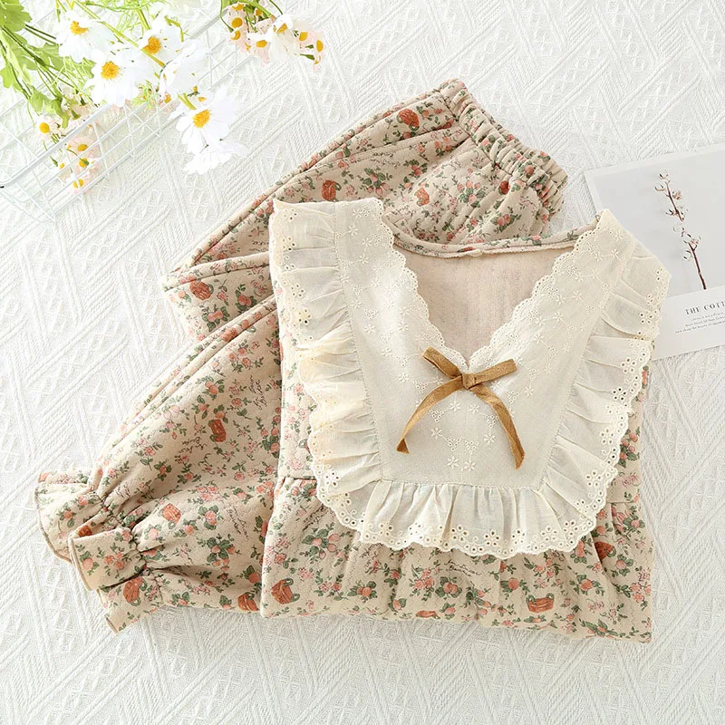 Lace V-Neck Retro Print Women's Pajamas Autumn Puff Long Sleeved Pullover Top+Casual Pants Two-piece Set Ladies Home Sleepwear