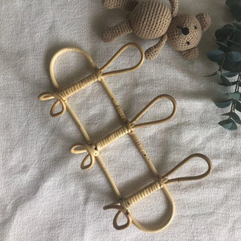 Rattan Wall Hooks Kids Garments Organizer Rack Clothes Hat Hanging Hook Rattan Hanger Kids Room Decor Hanger