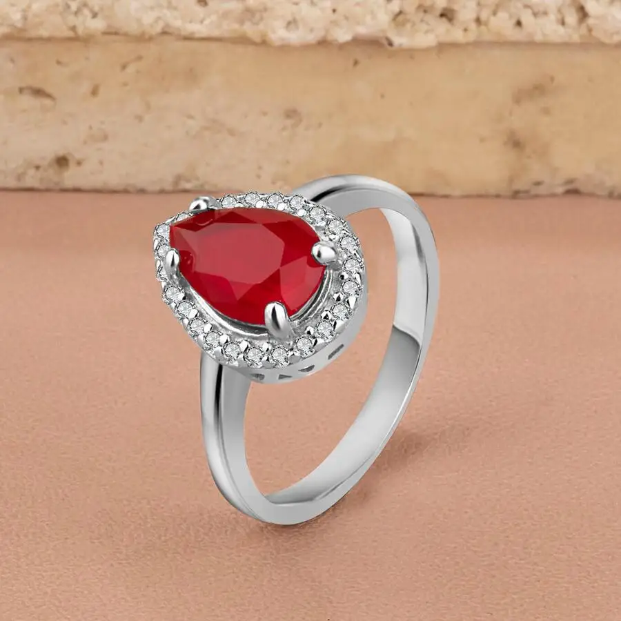 

925 Sterling Silver Zircon Stone Engraved Ladies Ring Drop Model With Red Ston Fashion Turkish Premium Quality Handmade Jawelery