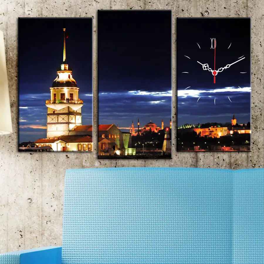 

3 PCS With Clock Turkey Istanbul Night Maiden's Tower Painting Canvas Table 81X50 CM