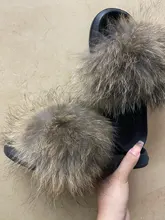 Zapatillas de piel de mapache esponjosa para mujer, chanclas planas de piel de zorro Real, sandalias deslizantes de pelo peludo para exteriores, zapatos increíbles para mujer