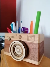 Organizador de maquillaje para el hogar, porta lápiz de madera con cámara creativa