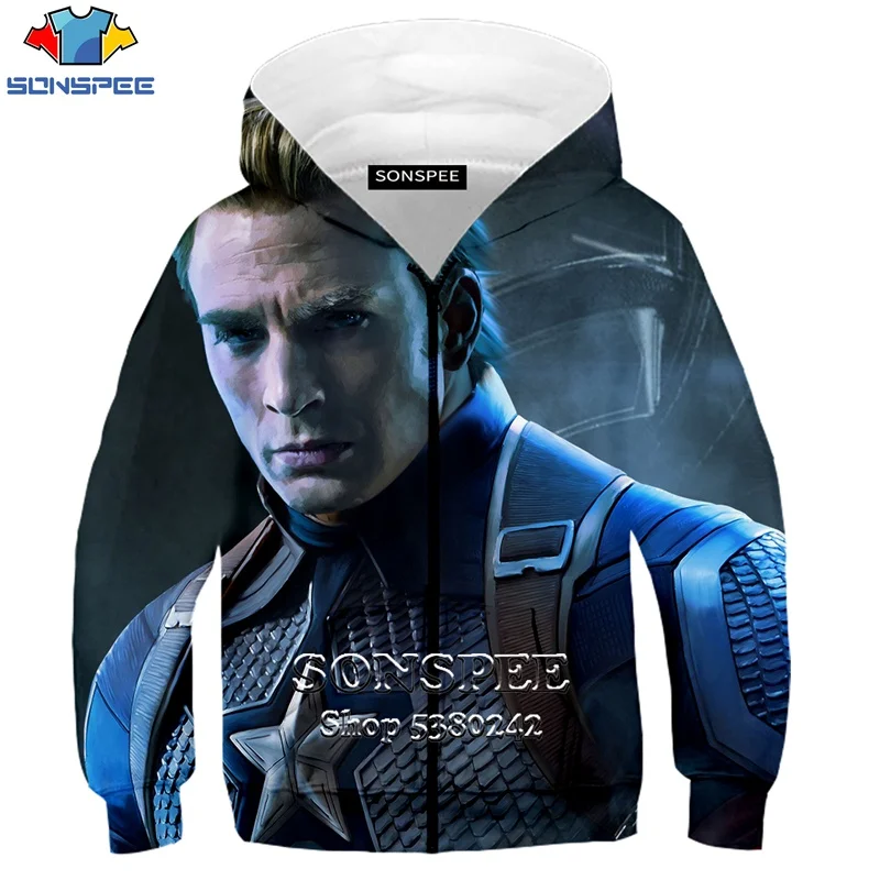 SONSPEE 3D Print Kids Children Boys And Girls Zipper Hooded Hoodie Casual Long Sleeve Movie Captain America Coat Brand Tops