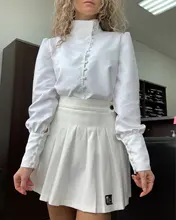 Turtleneck Blouse Puff-Sleeve White Shirt Ladies Top OOTN Office Elegant Casual Solid